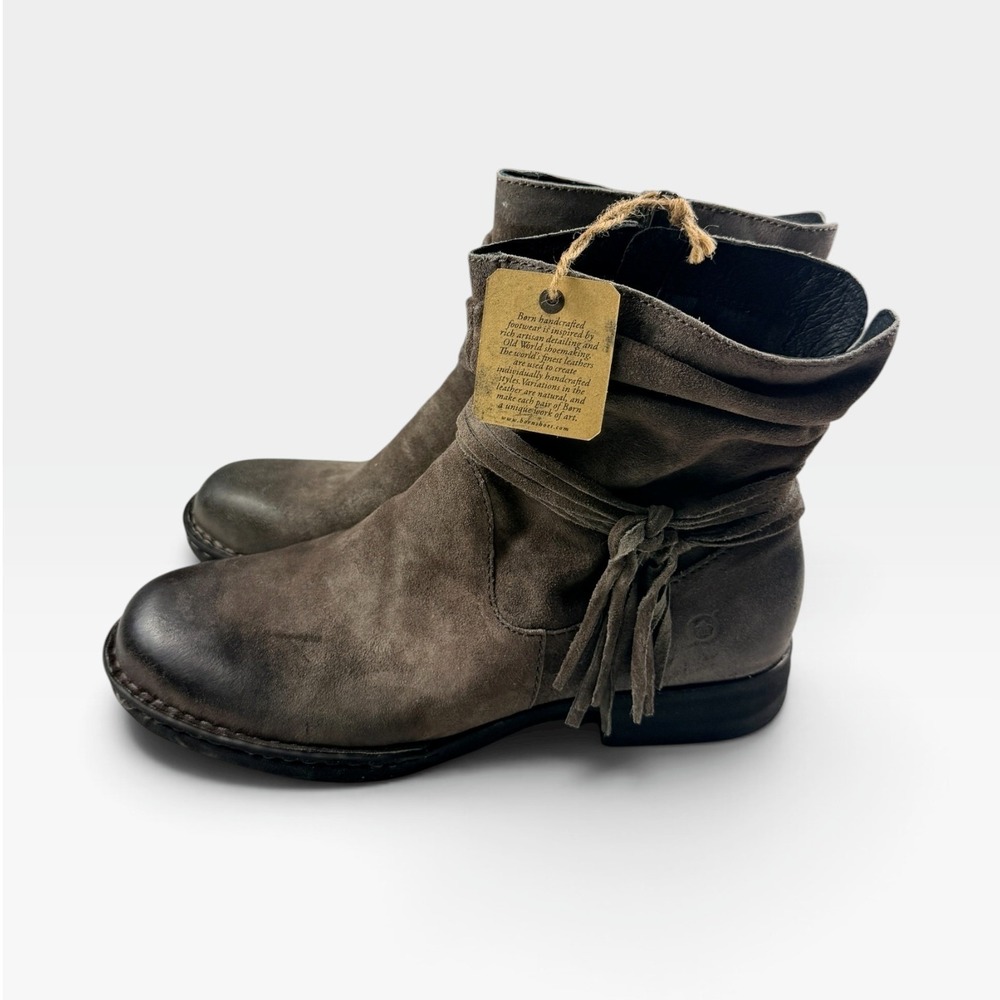 Born Ankle Boot Cross Womens 11 Grey Distressed Suede Tassel Zip NEW